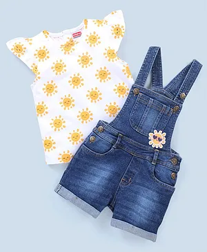 Babyhug Cotton Knit Sun Applique Dungaree with Half Sleeves Sun Print T-Shirt Set - Blue & Yellow