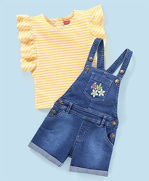 Babyhug 100% Cotton Sleeveless Striped Tee & Dungaree Set Floral Embroidery- Yellow & Blue