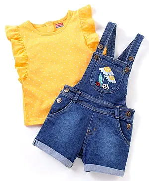 Babyhug Cotton Knit Floral Applique Dungaree with Short Sleeves Dot Print T-Shirt Set - Blue & Yellow