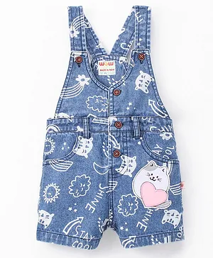 Wow Clothes Denim Dungaree Kitten Printed - Blue