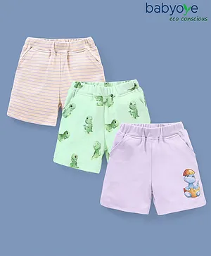 Babyoye 100% Cotton with Eco Jiva Finish Dino Printed Shorts Pack of 3 - Green Peach & Lilac