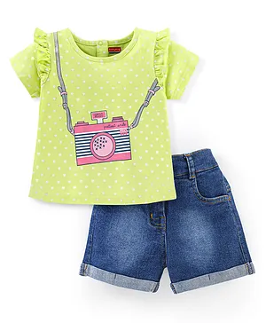 Babyhug 100% Cotton Cold Shoulder Sleeves Top & Shorts Set Polka Dot Print - Blue & Green