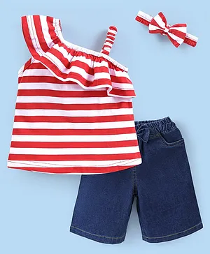 Babyhug 100% Cotton Knit One Shoulder Sleeves Striped Top and Shorts Set with Headband - Red & Mid Blue