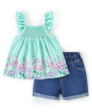 Babyhug 100% Cotton Knit Frill Sleeves Top & Denim Shorts with Bow Applique & Floral Print - Mint & Medium Blue