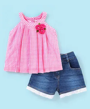 Babyhug 100% Cotton Sleeveless Checks Pattern Top and Denim Shorts with Floral Applique - Pink & Blue