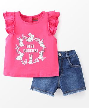 Babyhug 100% Cotton Knit Sleeveless Top with Denim Shorts Bunny Print - Dark Pink & Mid Blue