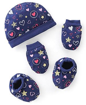 Babyhug Cotton Knit Cap Mittens & Booties Set Heart Print  Blue - Diameter 11 Cm