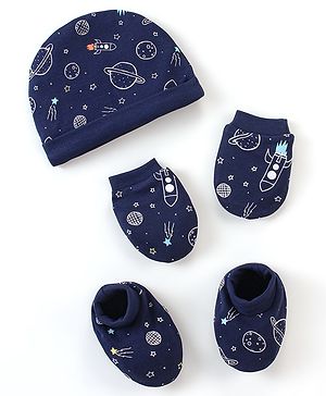 Babyhug 100% Cotton Cap Mittens & Booties Space Print - Blue