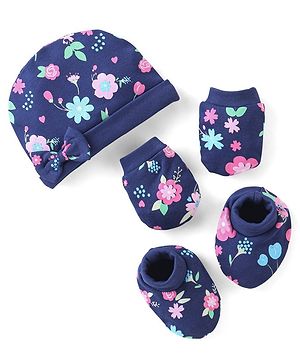 Babyhug 100% Cotton Knit Floral Print Cap Mittens And Booties With Bow - Blue