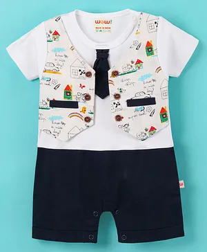 Wow Clothes Cotton Half Sleeves Romper With Tie House Print- Sea Butter & Navy