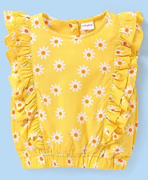 Babyhug 100% Rayon Woven Half Sleeves Top Floral Printed & Frill Detailing - Yellow
