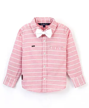 Trendy Cart Full Sleeves Rugby Pencil Striped Shirt With Bow - Orange