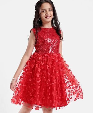 Pine Kids Sleeveless Sequined Floral Knee Length Party Wear Dress- Red