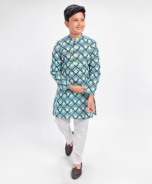 Pine Kids 100% Cotton Full Sleeves Kurta Pyjama Set Printed - Blue