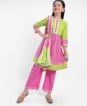 Pine Kids 100% Cotton Three Fourth Sleeves Kurti & Salwar Set Floral Print - Pink