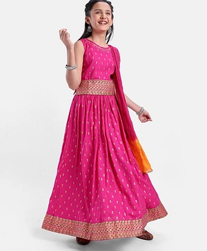 Pine Kids Sleeveless Floral Embroidery Choli & Lehenga Set with Dupatta - Pink