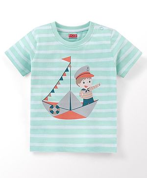 Babyhug Cotton Half Sleeves Striped T-Shirt with Boat Print - Blue