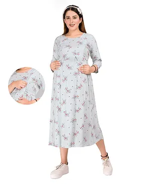 Mamma's Maternity Three Fourth Sleeves All Over Floral Printed Fit & Flare Maternity Dress With Vertical Concealed Zipper Nursing Access - Grey