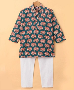 Ridokidz Full Sleeves Elephant Printed Kurta Pajama - Peacock Green