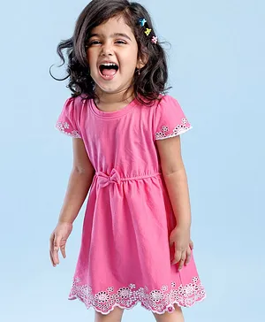 Babyhug 100% Cotton Half Sleeves Fit & Flare Frock with Floral Embroidery - Pink