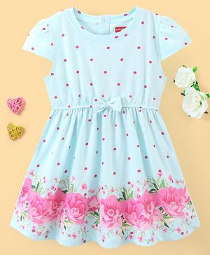 Babyhug 100% Cotton Knit Cap Sleeves Frock With Bow Applique Dot & Floral Print- Mint