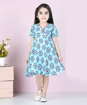 Kidcetra Half Sleeves Floral Printed Pom Pom Detailed Dress - Blue