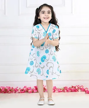 Kidcetra Puffed Sleeves Floral Printed Pom Pm Detailed Dress - White