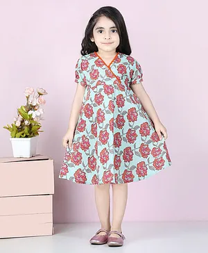 Kidcetra Puffed Sleeves Floral Printed Pom Pm Detailed Dress - Blue