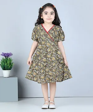 Kidcetra Puffed Sleeves Floral Printed Pom Pm Detailed Dress - Grey