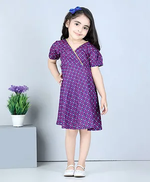 Kidcetra Half Sleeves Abstract Printed Pom Pom Detailed Dress - Purple