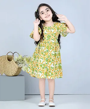 Kidcetra Flared Sleeves Abstract Floral Printed Dress - Green