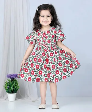 Kidcetra Flared Sleeves Floral Printed Dress - Red