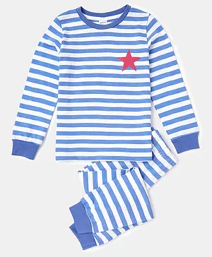 Unicorns Full Sleeves Blue Star Placement Printed & Candy Striped Night Suit - Blue