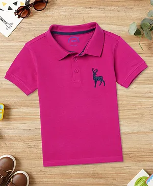 Zion Half Sleeves  Deer Placement Embroidered Polo Tee - Fuchsia Pink