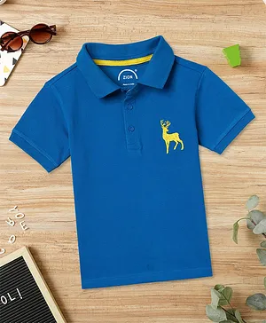 Zion Half Sleeves  Deer Placement Embroidered Polo Tee - Royal Blue