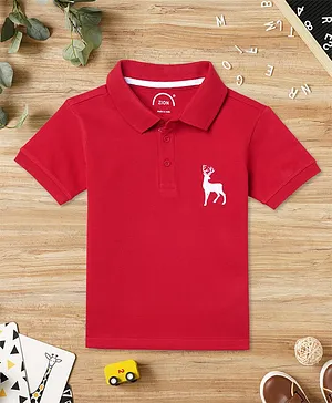 Zion Half Sleeves  Deer Placement Embroidered Polo Tee - Red