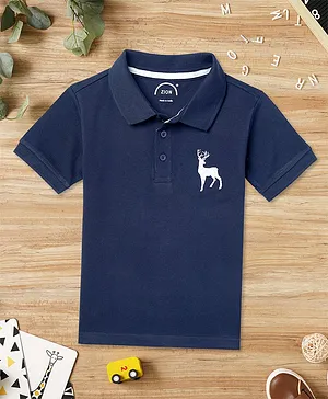 Zion Half Sleeves  Deer Placement Embroidered Polo Tee - Navy Blue