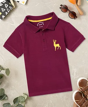 Zion Half Sleeves  Deer Placement Embroidered Polo Tee - Maroon