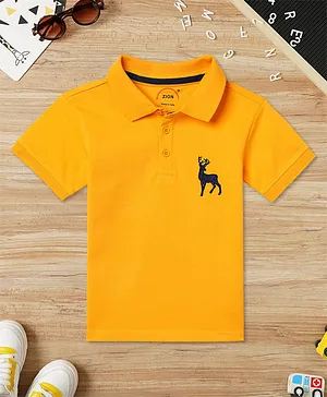 Zion Half Sleeves  Deer Placement Embroidered Polo Tee - Yellow