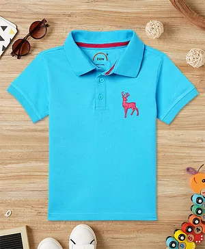 Zion Half Sleeves Deer Embroidered Polo Tee - Light Blue