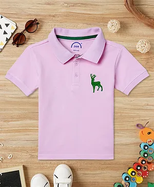 Zion Half Sleeves Deer Embroidered Polo Tee - Light Pink