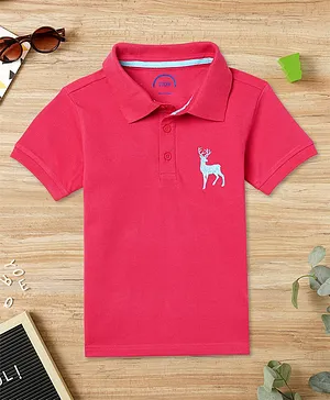 Zion Half Sleeves Deer Embroidered Polo Tee - Peach