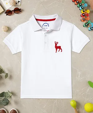 Zion Half Sleeves Pique Polo With Deer Embroidery Tee - White