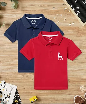 Zion Pack Of 2 Half Sleeves Deer Embroidered Polo Tee - Red & Navy Blue