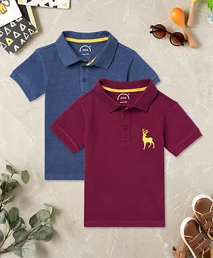 Zion Pack Of 2 Half Sleeves Deer Embroidered Polo Tee - Blue & Maroon
