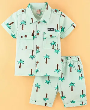 Wow Clothes Cotton Half Sleeves Shirt and Shorts Set Pine Trees Print - Light Green