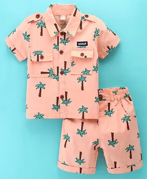 Wow Clothes 100% Cotton Woven Half Sleeves Shirt & Shorts Set Palm Tree Print - Peach
