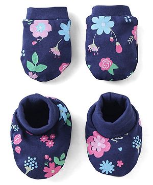 Babyhug 100% Cotton Knit Mittens & Booties Floral Print - Navy Blue