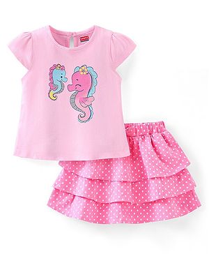 Babyhug 100% Cotton Knit Cap Sleeves Top & Skirt Set Sea Horse Print - Pink