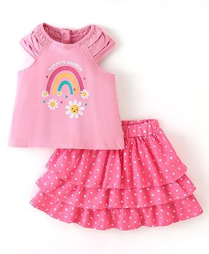 Babyhug 100% Cotton Knit Cap Sleeves Top & Layered Skirt Set Rainbow Print- Pink